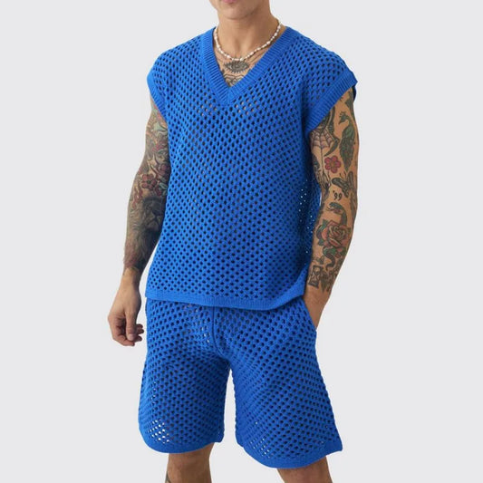 Men's Knitted Two-Piece Mesh V-Neck Vest and Shorts Set - Breathable Casual Style