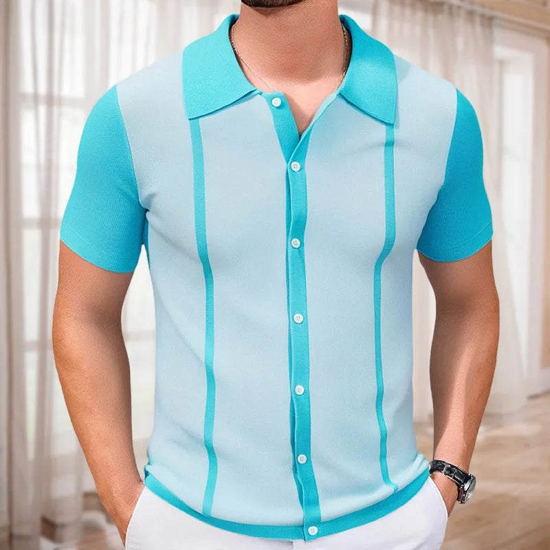 Men's Breathable Striped Knit Patchwork Polo Shirt - Short Sleeve Button-Up