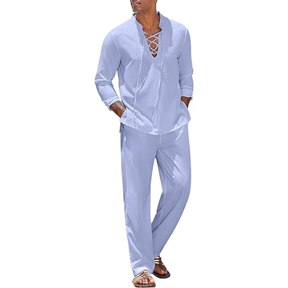 2-Piece Men's Cotton Linen Shirt and Pants Set