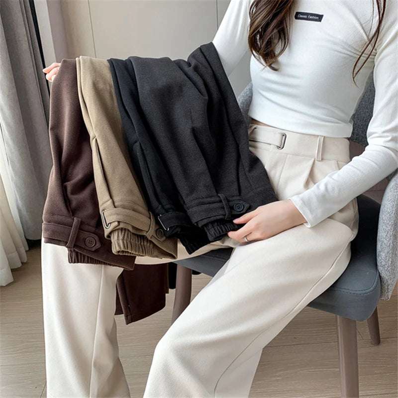 Seoulish Women's High-Waist Wide-Leg Trousers with Loose Fit and Button Detail