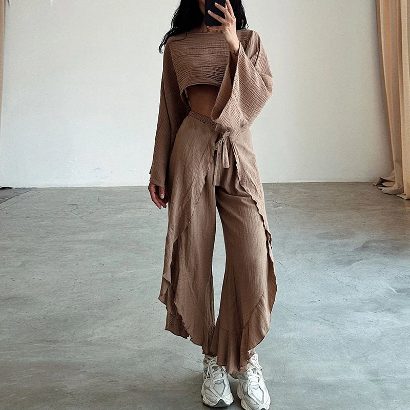 Women's Cotton Linen 2-Piece Long Sleeve Crop Top & Lace-Up Ruffle Pants Set