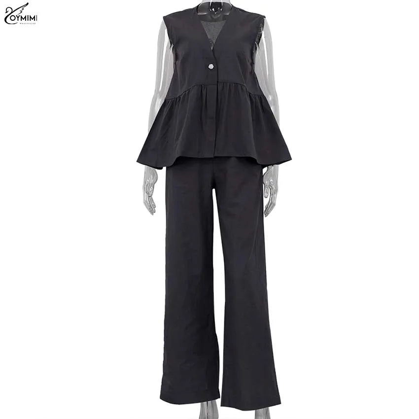 Women's 2-Piece Blue Cotton Linen Set: V-Neck Backless Halter Lace-Up Vest and Straight Pants