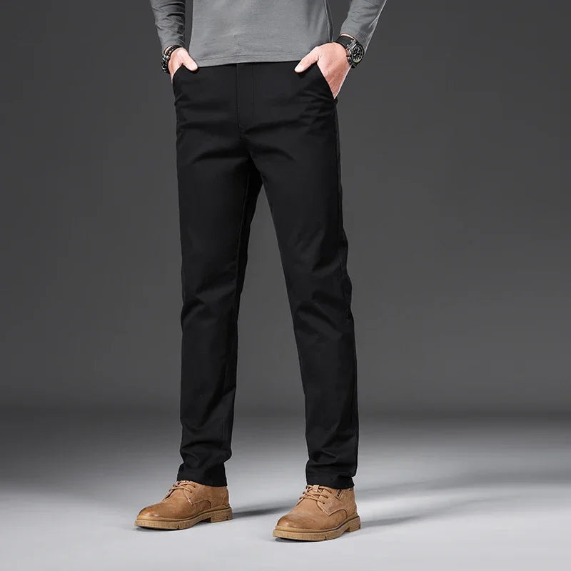 Men's Casual Slim Straight Trousers - 97% Cotton Comfortable Elastic Pants