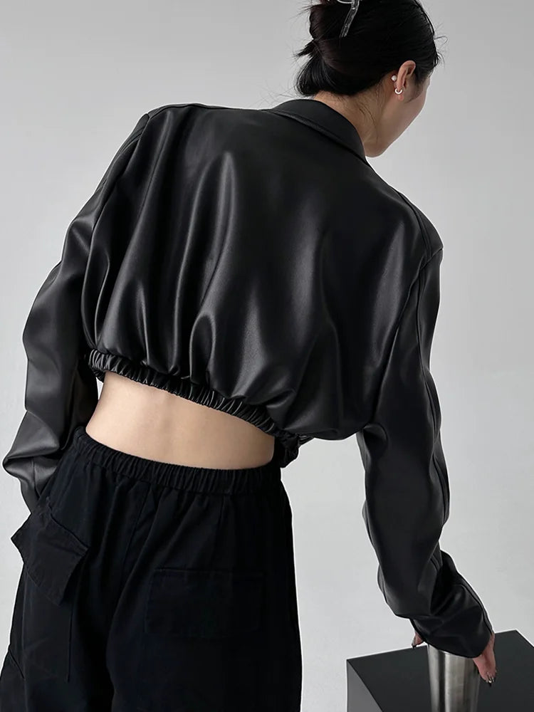 Women's PU Leather Lapel Jacket with Long Sleeves, Crop Style, Zipper Closure
