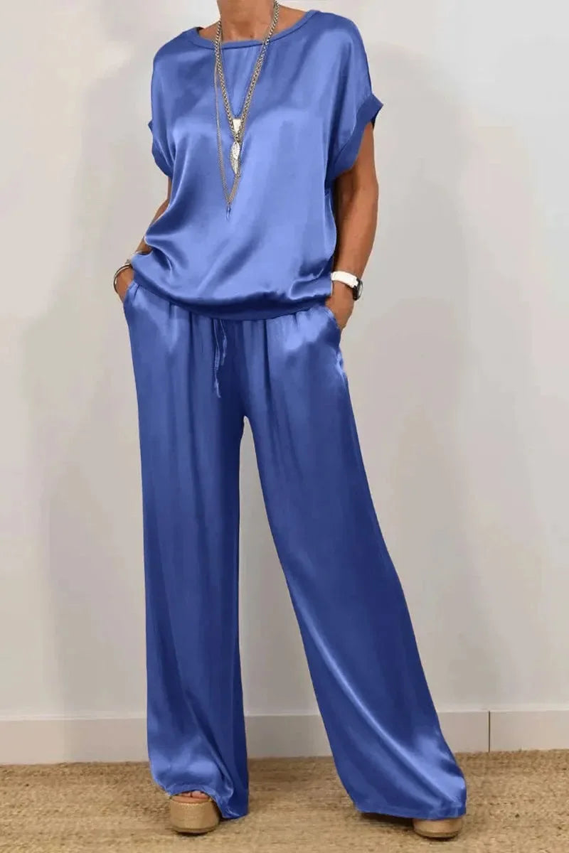 Women's Smooth Satin Two-Piece Set: Short Sleeve Top & Wide Leg Pants
