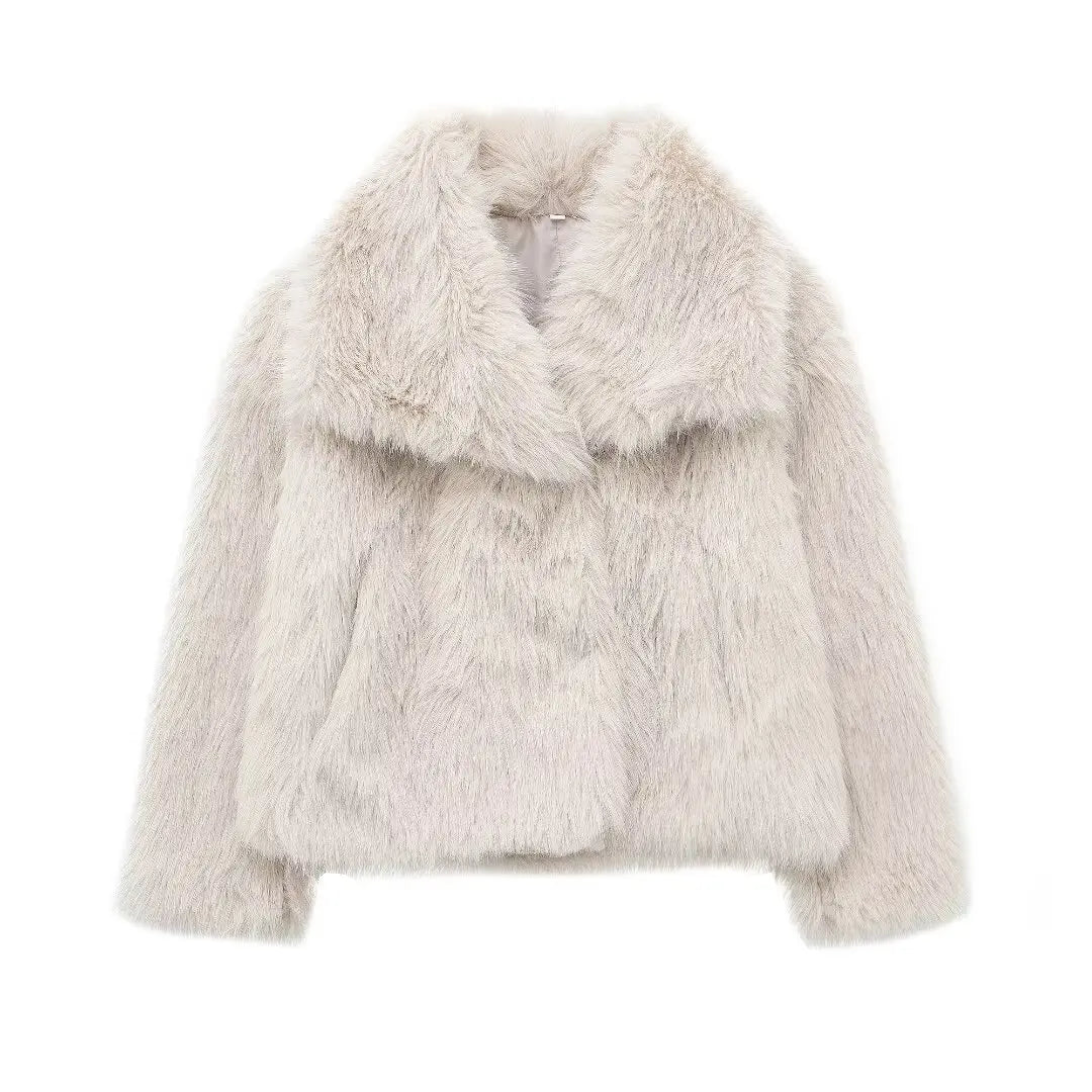 TRAFZA Women's Vintage Style Cropped Faux Fur Jacket - Elegant Loose Long Sleeve Coat - Thick and Warm Outerwear