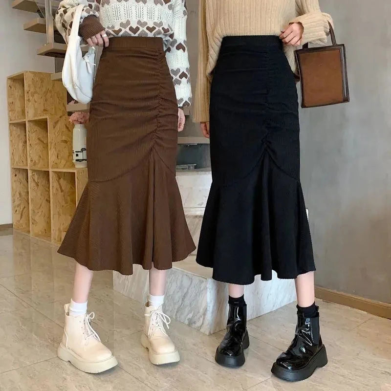 Women's Slim Fit High Waist Midi Skirt with Ruffles