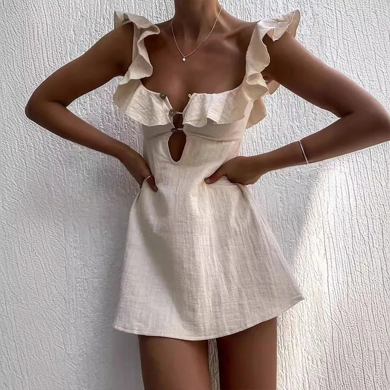 Women's V-Neck Sleeveless Mini Dress with Hollow Out Button Ruffles