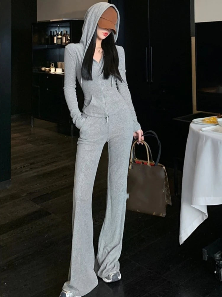Women's Hooded Zipper Jacket and Drawstring Wide Leg Pants Two-Piece Tracksuit Set