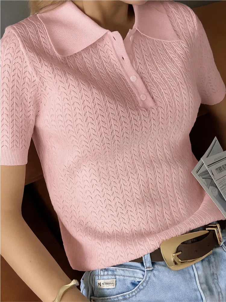 Women's Knitted Polo T-Shirt – Casual Loose Fit with Lapel, Comfortable Women's Knit Top