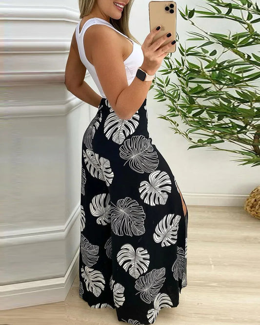 Women's Two-Piece Set: Cut-Out Tank Top and Tropical Print Split Wide-Leg Pants