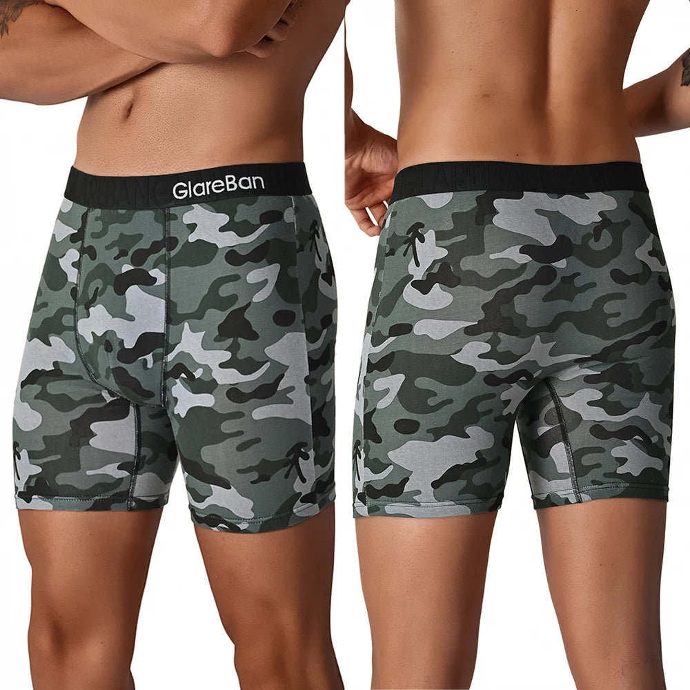5PCS Men's Mid-Long Camo Cotton Boxer Shorts - Breathable & Comfortable Men's Briefs Se
