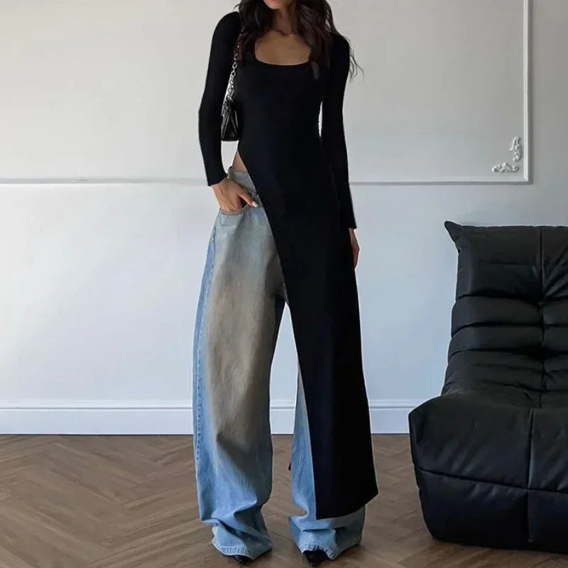 Women’s Classic U-Neck Skinny Sweater Dress with Side Slits