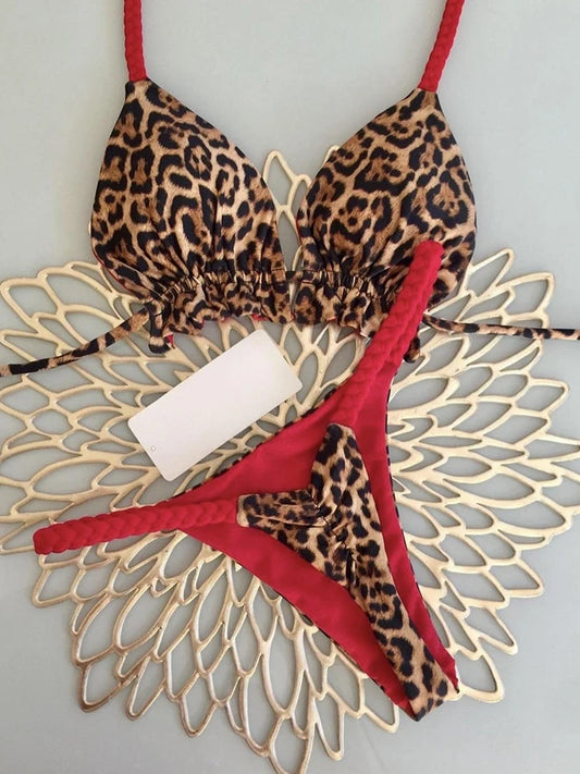 Women Leopard Print Thong Swimsuit Two Pieces Bikini
