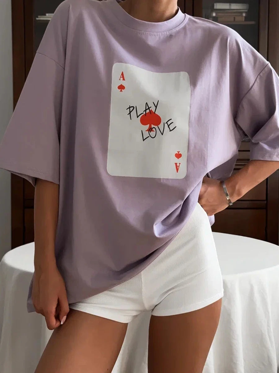 Women's Cotton Poker Card Print T-Shirt - Loose Fit, Casual Short Sleeve Tee for Women