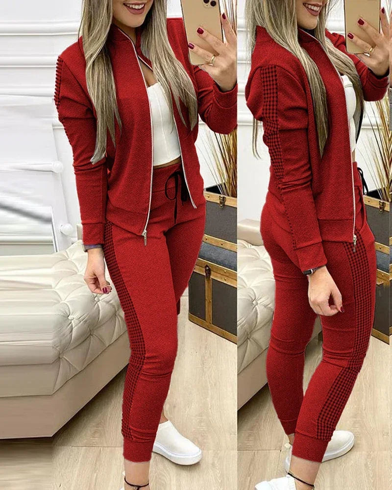 Women's Two-Piece Sequin Zipper Jacket and Sweatpants Set