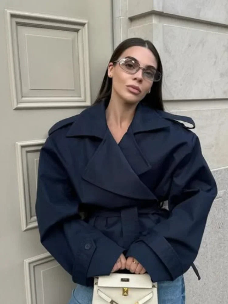 Women's Chic Long Sleeve Trench Coat with Stand Collar and Loose Fit