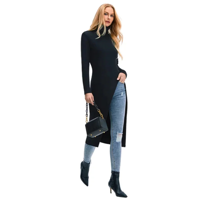 Women's Skinny Fit High-Neck Sweater Dress with Side Slits