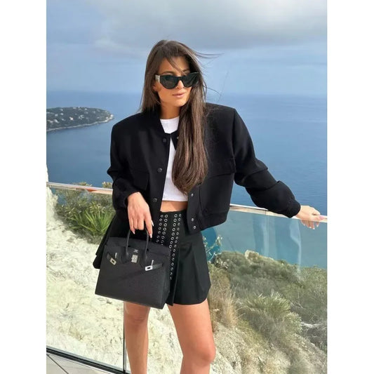 Women's Cropped Bomber Jacket - Button-Up Outerwear with Long Sleeves