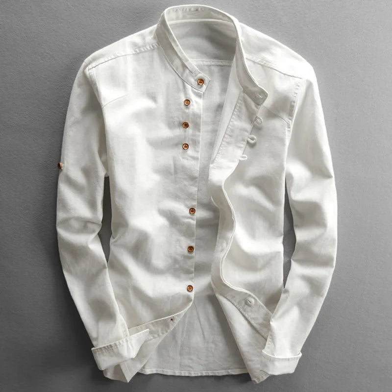 Men's Slim Fit Linen Cotton Shirt with Stand Collar