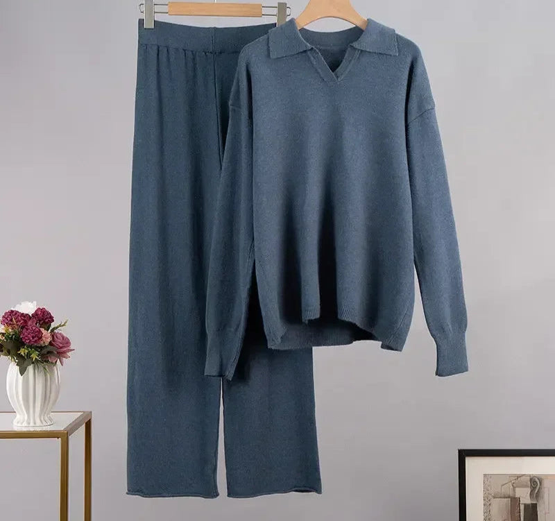 Women's Thick Knitted 2 Piece Set: Soft Polo Neck Sweater & Wide Leg Pants