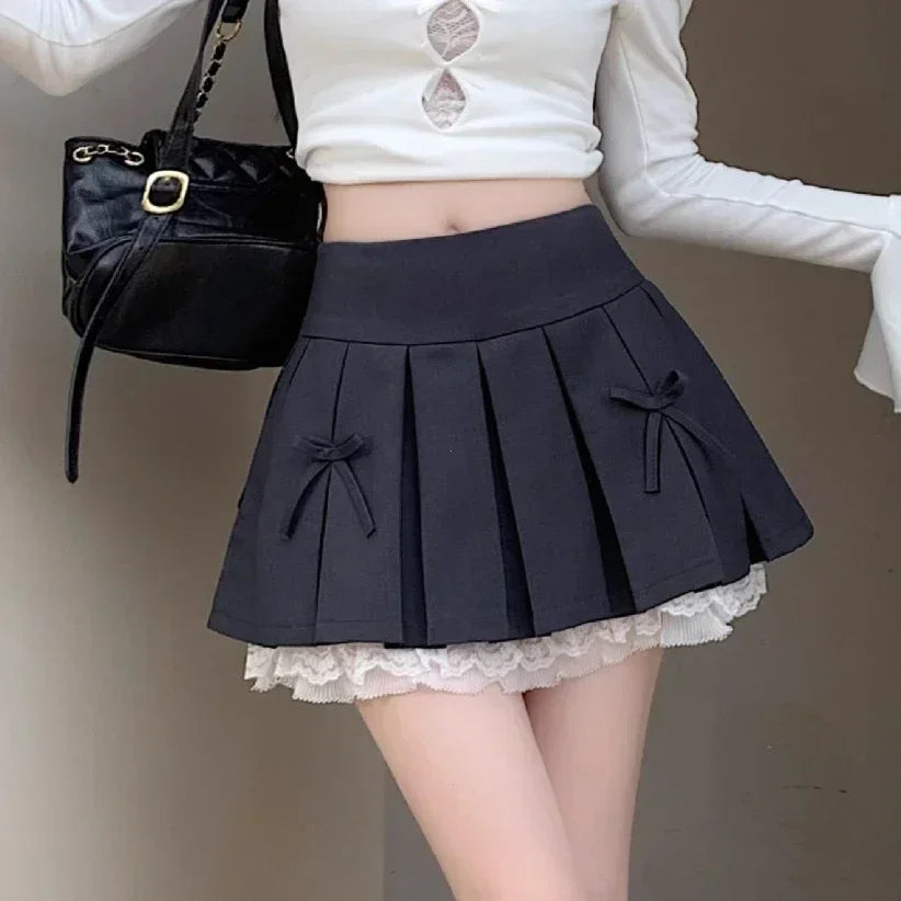 High Waist Pleated Mini Skirt for Women - Lace Preppy Bow Skirt