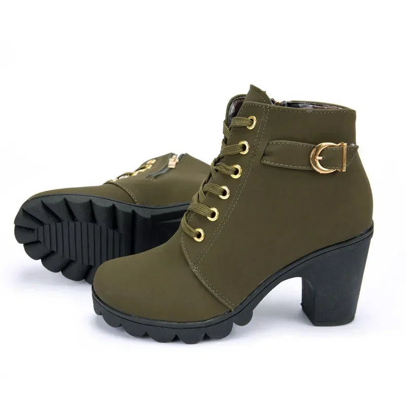 Strappy Short High Heeled Lace Up Boots for Women