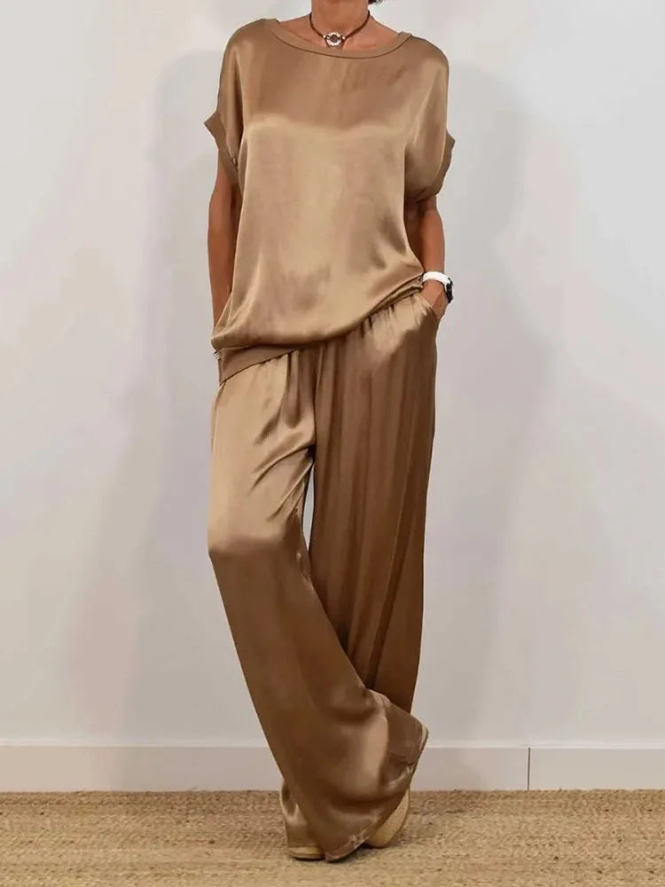 Women's Smooth Satin Two-Piece Set: Short Sleeve Top & Wide Leg Pants