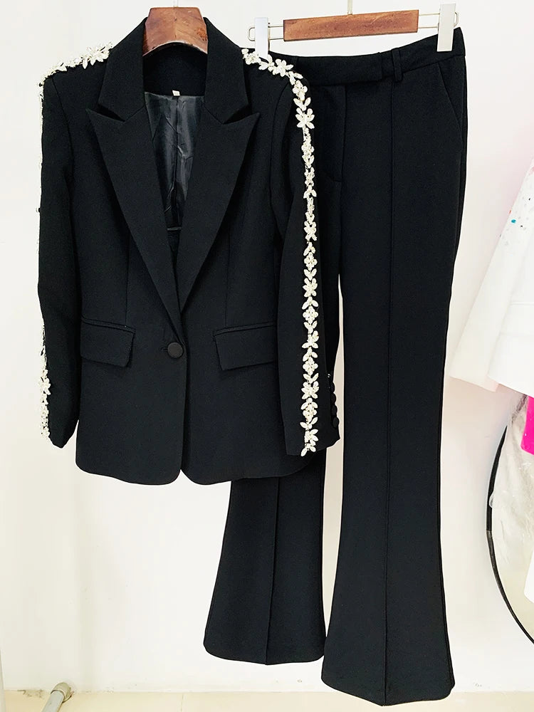 Women's Diamond-Decorated Two-Piece Beaded Blazer and Flare Pants Set