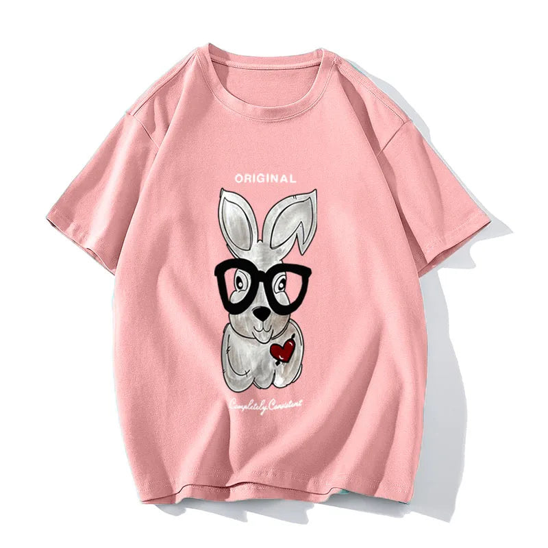 Elegant Rabbit Cartoon Printed Oversized Cotton T-Shirt for Women – Casual Style by Hirsionsan
