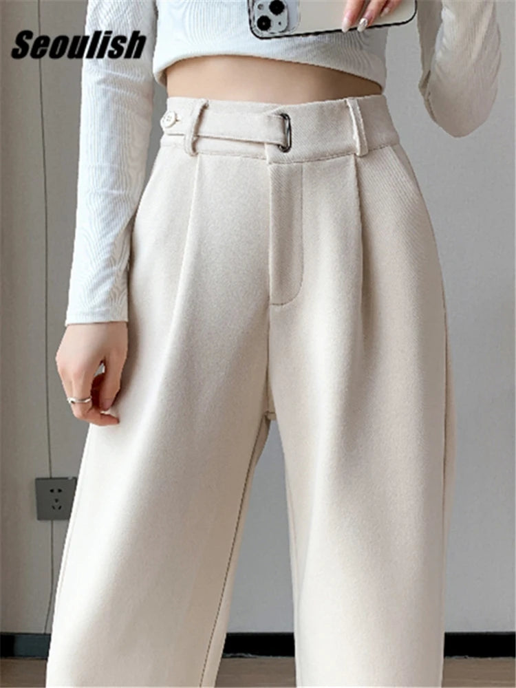 Seoulish Women's High-Waist Wide-Leg Trousers with Loose Fit and Button Detail