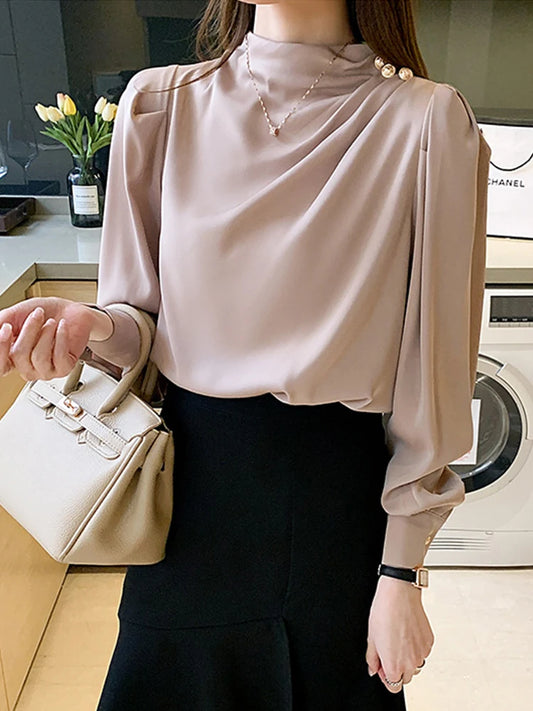 Elegant Women's Satin-Feel Lantern Sleeve Blouse