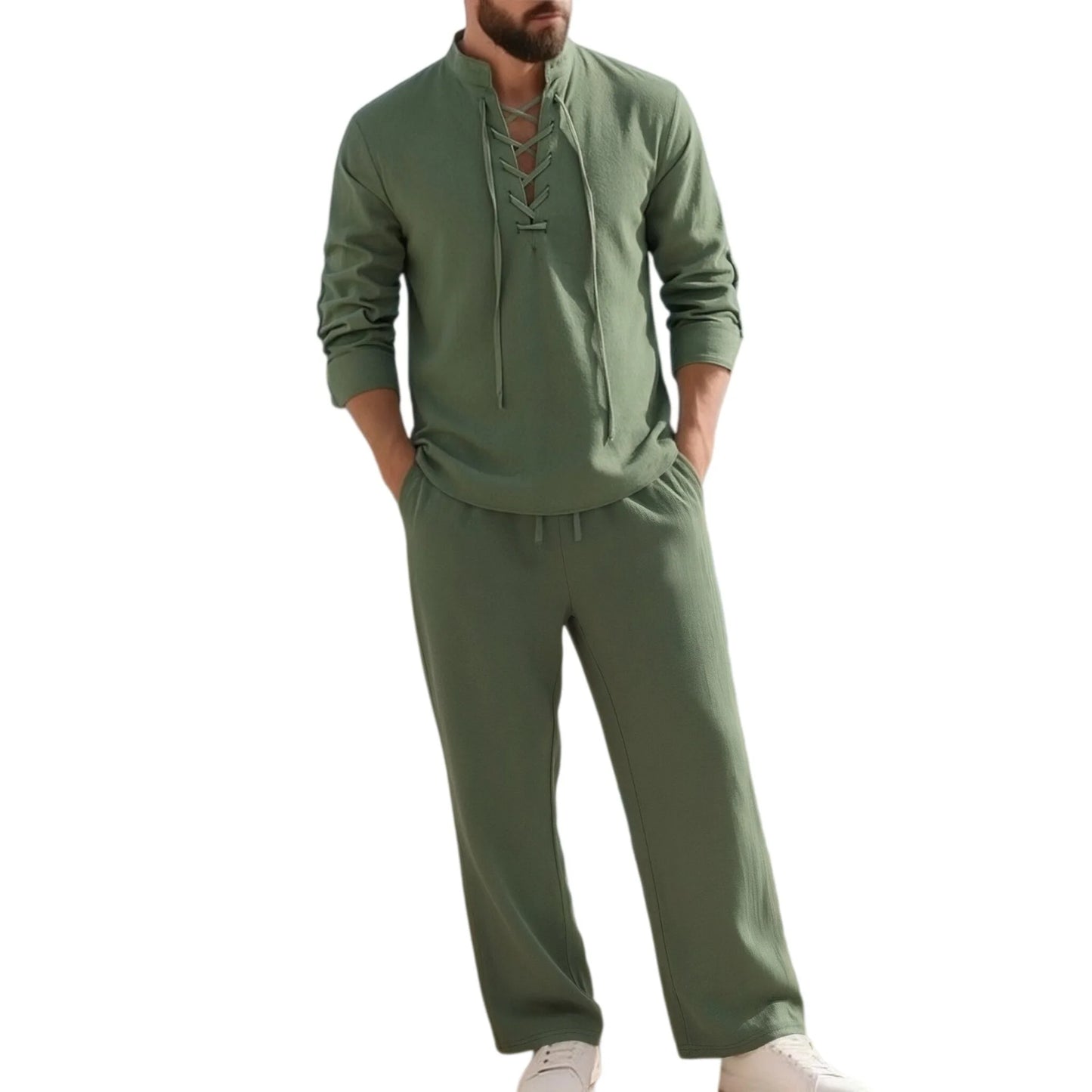 2-Piece Men's Cotton Linen Shirt and Pants Set