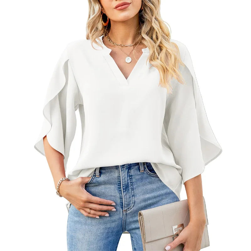 Women's Chiffon Blouse with Flare Sleeves - V-Neck Loose Fit