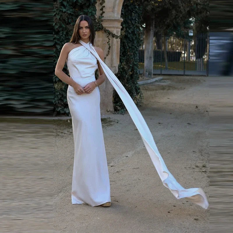 Elegant Backless Long Satin Halter Neck Dress for Women