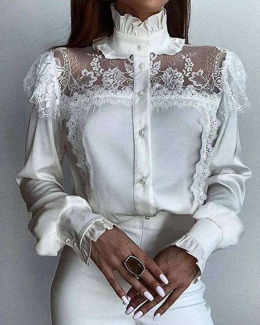 Vintage Women's Blouses with Lace Detail and Mesh Buttons