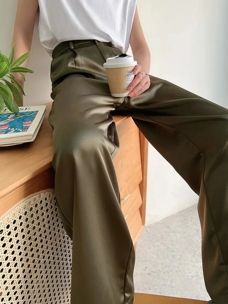Elegant High-Waist Satin Wide-Leg Pants for Women - Chic Straight-Leg Trousers