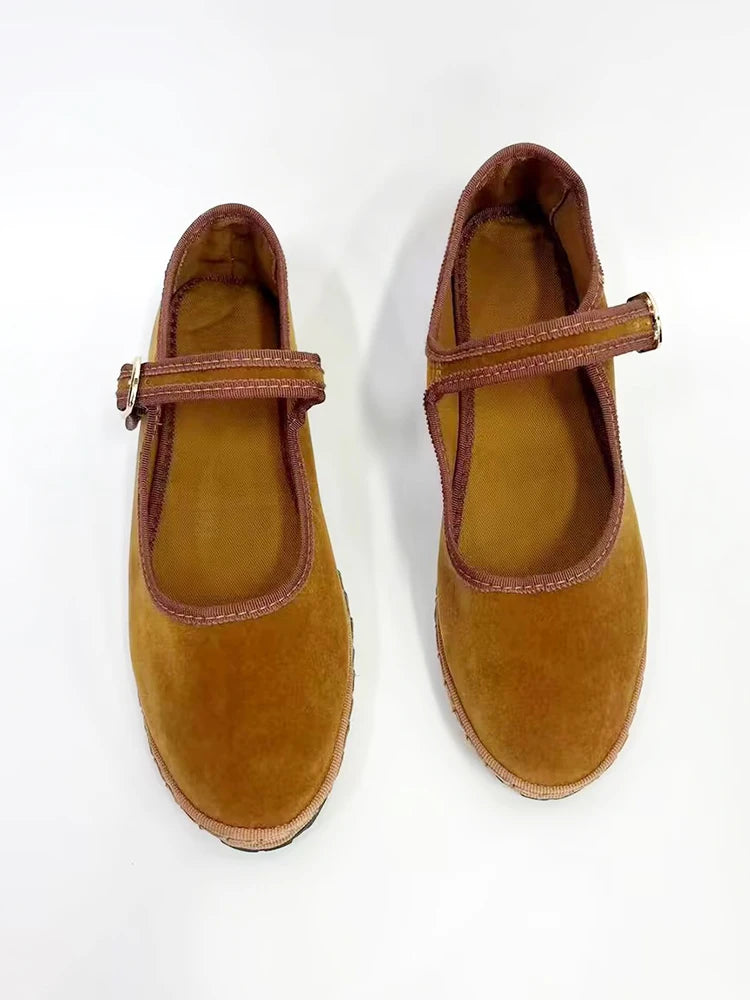 Velvet Mary Jane Flats for Women - Hand-Stitched Casual Shoes