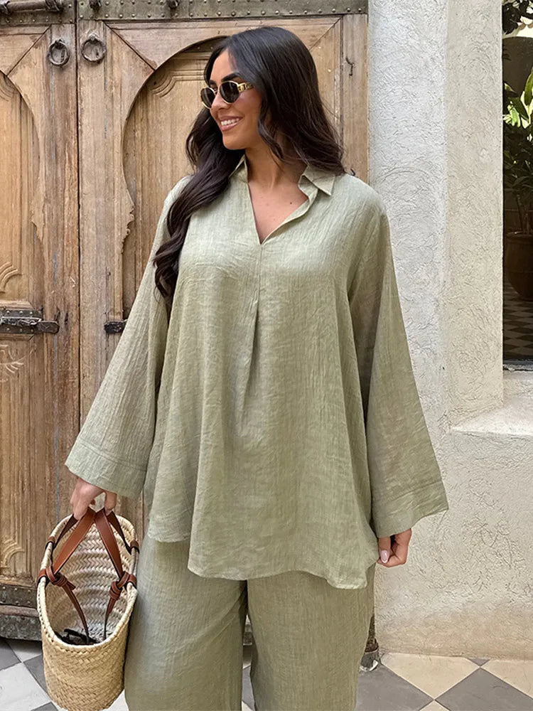 Women's 2-Piece Loose Fit Trouser and Long Sleeve Turn-Down Collar Shirt Set