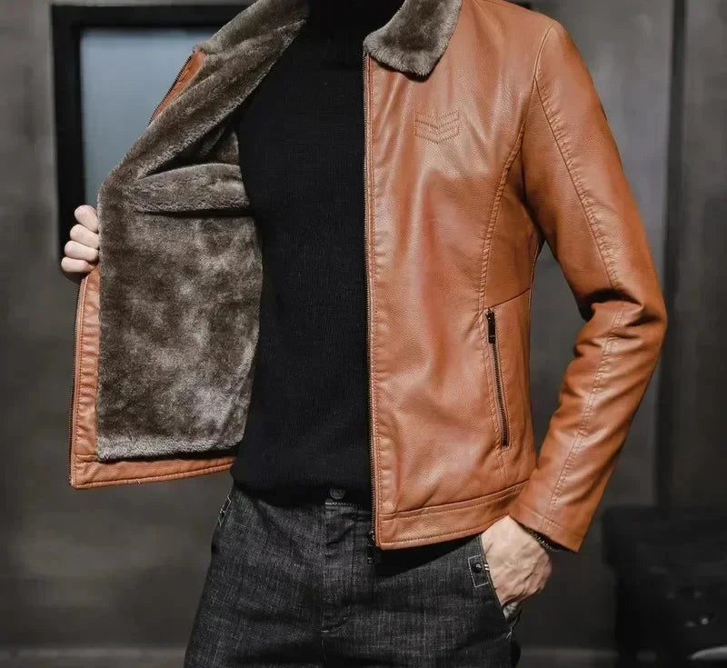 Men's Vintage Faux Leather Jacket with Faux Fur Collar