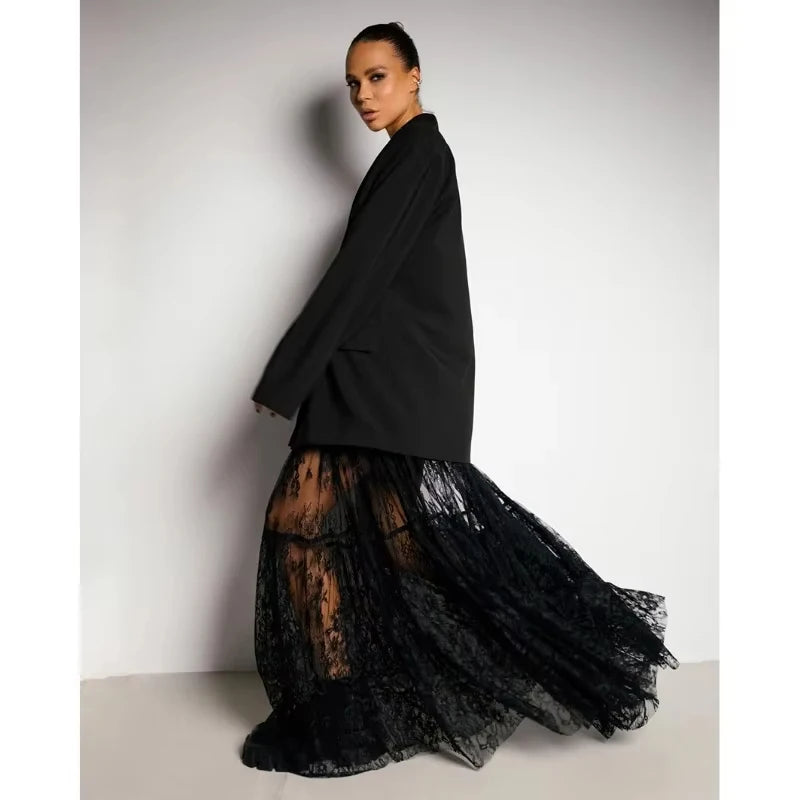 Chic Long Transparent Black Lace Skirt for Women