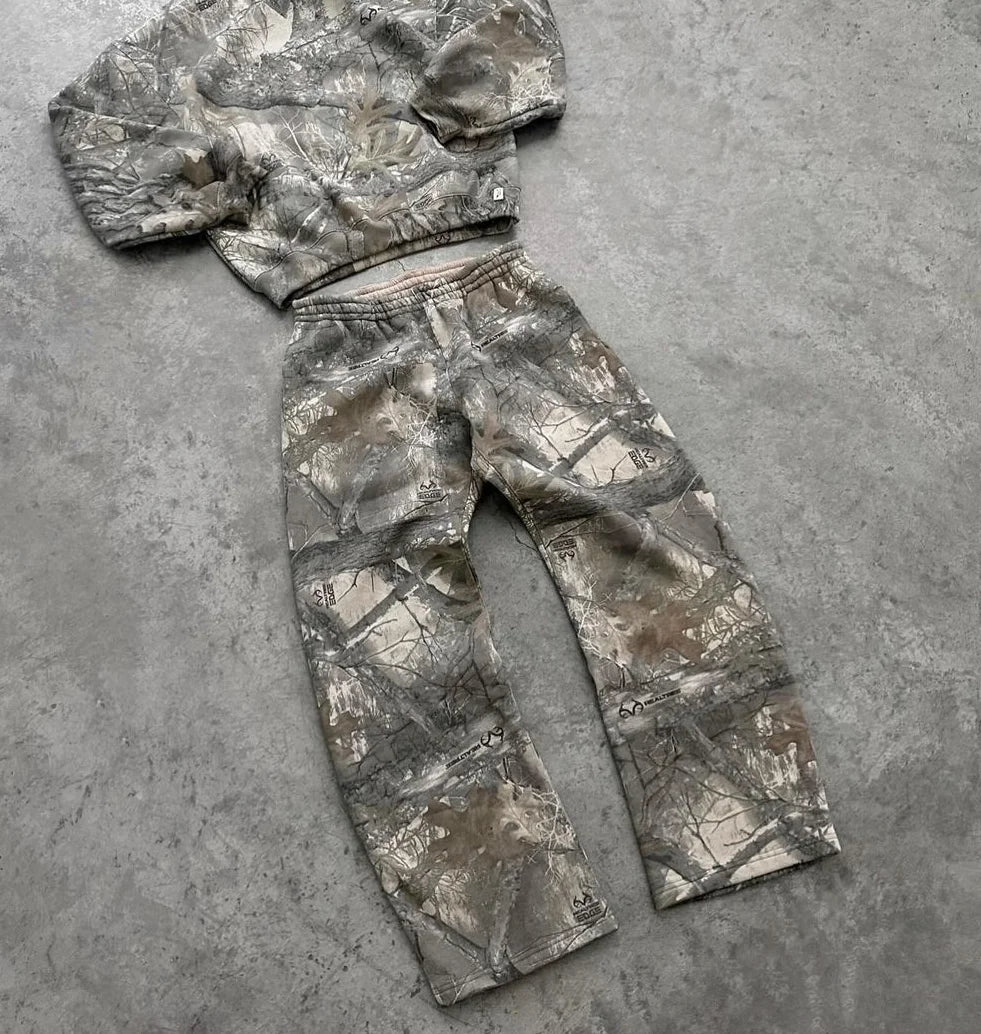 Oversized Camo Pattern Hooded Jacket and Elastic Waist Pants Set for Men