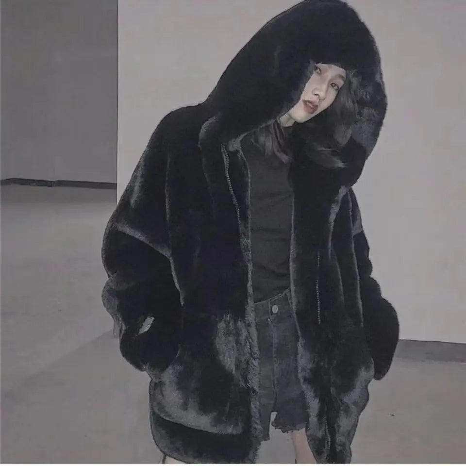 Women's Loose Plush Faux Fur Hooded Jacket