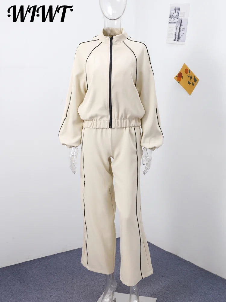 Women's Two-Piece Striped Zipper Jacket and Pants Set