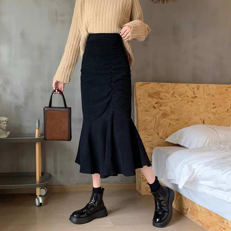 Women's Slim Fit High Waist Midi Skirt with Ruffles