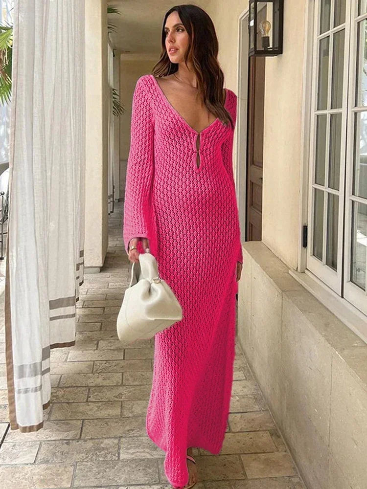Women's Knitted Crochet Maxi Cover Up Dress - Hollow Long Sleeve & Backless