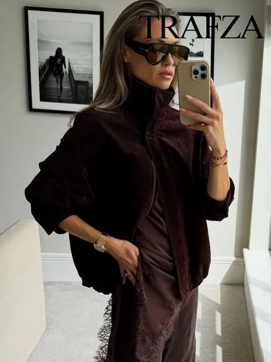 TRAFZA Women's High Collar Zipper Pocket Jacket – Loose Fit Casual Outerwear for Women