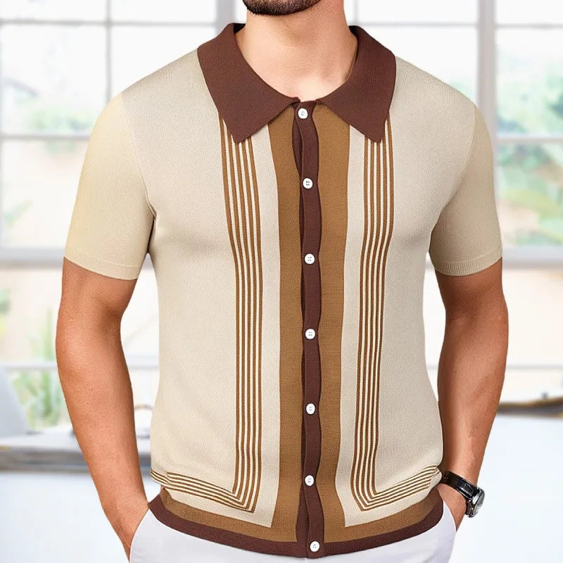 Men's Breathable Striped Knit Patchwork Polo Shirt - Short Sleeve Button-Up