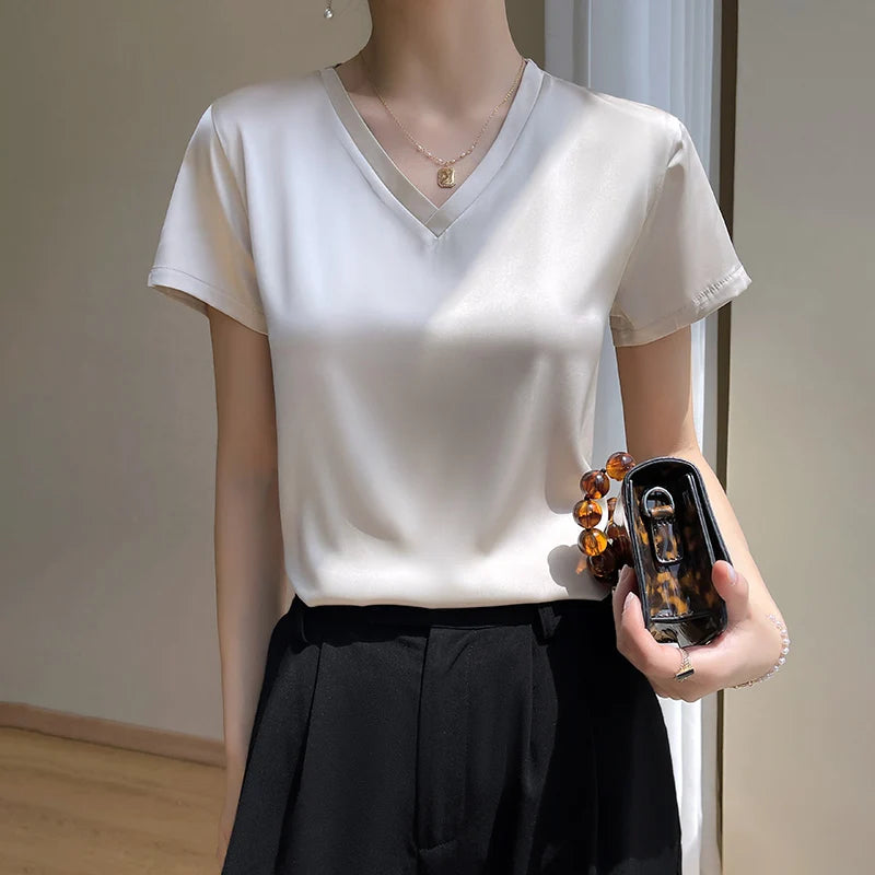 Elegant Women's Satin Silk V-Neck Short Sleeve Blouse