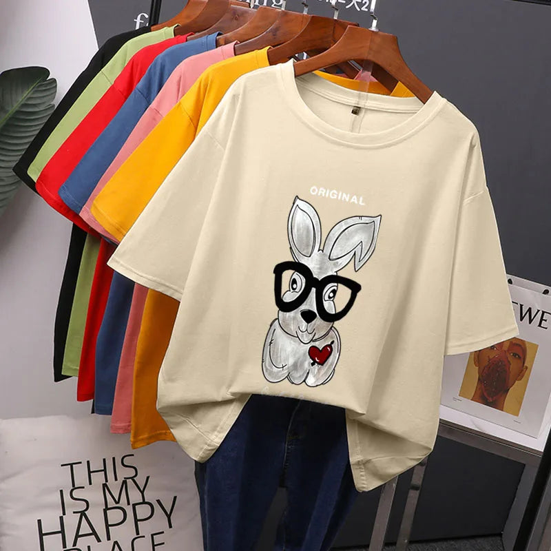 Elegant Rabbit Cartoon Printed Oversized Cotton T-Shirt for Women – Casual Style by Hirsionsan